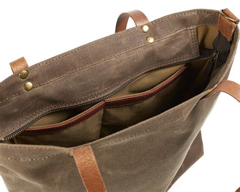 Brown Canvas spacious Leather shopper with pocket .